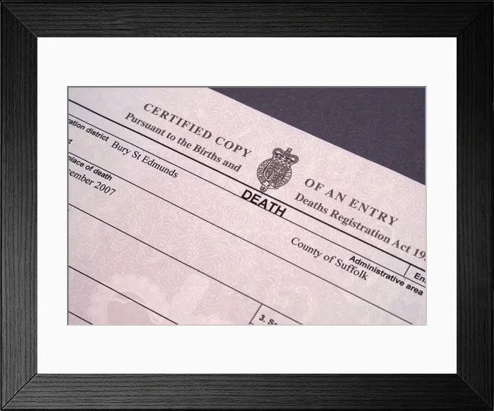 Framed Print : death certificate as used in the UK Framed Print : death certificate as used in the UK