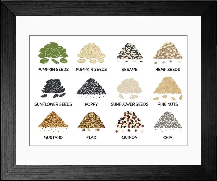 Framed Print : Set of hand drawn vector handful of seeds. Pumpkin and sunflower seeds, chia, poppy, flax, quinoa, mustard, hemp, pine nuts. Organic healthy food. Veg Framed Print : Set of hand drawn vector handful of seeds. Pumpkin and sunflower seeds, chia, poppy, flax, quinoa, mustard, hemp, pine nuts. Organic healthy food. Veg