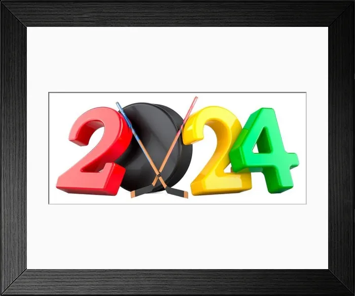 Framed Print : Hockey 2024 with ice hockey stick and hockey puck, concept. 3D rendering isolated on white background Framed Print : Hockey 2024 with ice hockey stick and hockey puck, concept. 3D rendering isolated on white background