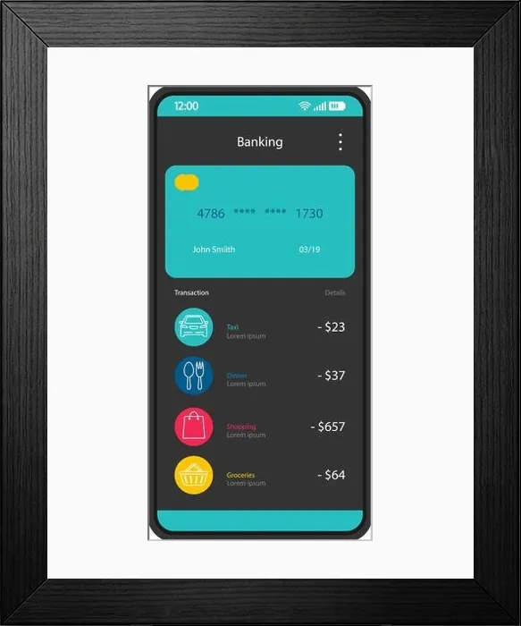 Framed Print : Mobile banking interface vector template. Online payment. Smartphone app page black design layout. Credit card transaction. E-payment screen. Flat UI Framed Print : Mobile banking interface vector template. Online payment. Smartphone app page black design layout. Credit card transaction. E-payment screen. Flat UI
