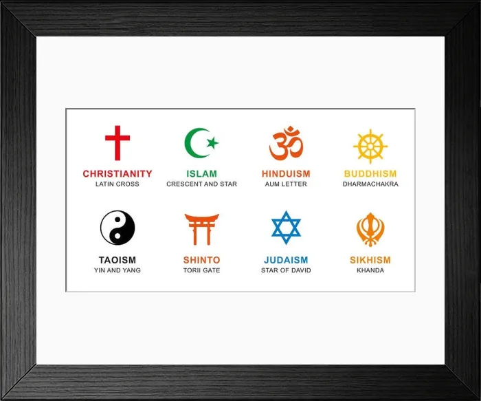 Framed Print : World religion symbols colored. Signs of major religious groups and religions Framed Print : World religion symbols colored. Signs of major religious groups and religions