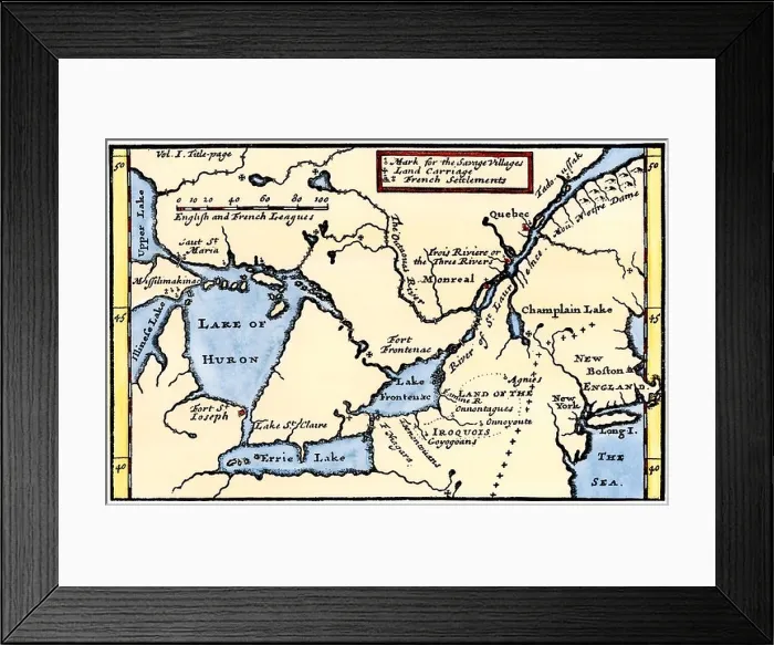 Framed Print : La Hontan's map of the Great Lakes and Saint Lawrence valley 1703. Hand-colored woodcut