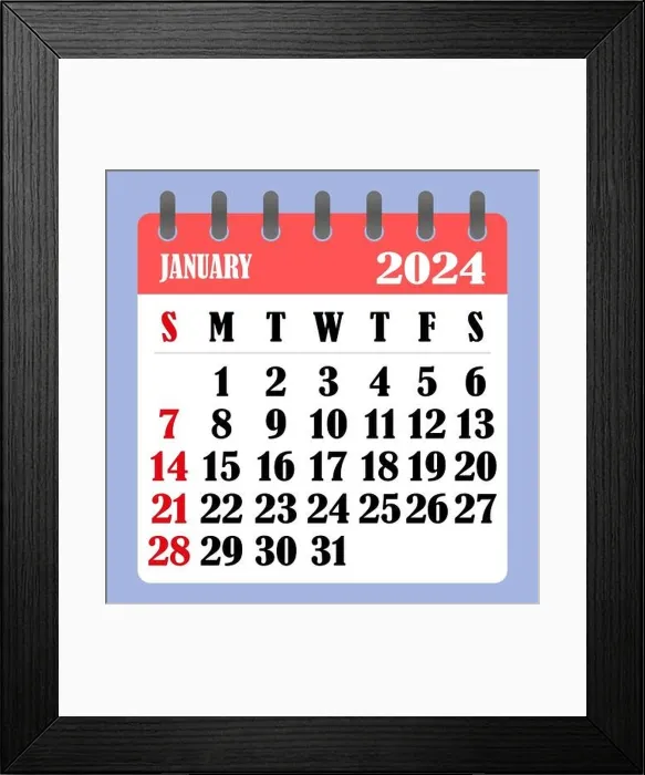Framed Print : Letter calendar for January 2024. The week begins on Sunday. Time, planning and schedule concept. Flat design. Removable calendar for the month. Vecto Framed Print : Letter calendar for January 2024. The week begins on Sunday. Time, planning and schedule concept. Flat design. Removable calendar for the month. Vecto