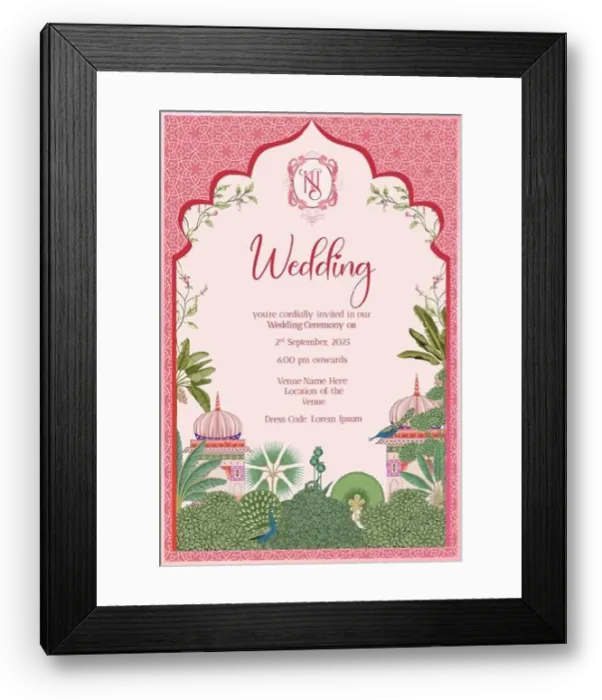 Framed Print : Traditional Indian Mughal Wedding Day Invitation Card Design with arch, NT monogram with crest, Mughal Decorated Dome, Red background tropical tree Framed Print : Traditional Indian Mughal Wedding Day Invitation Card Design with arch, NT monogram with crest, Mughal Decorated Dome, Red background tropical tree
