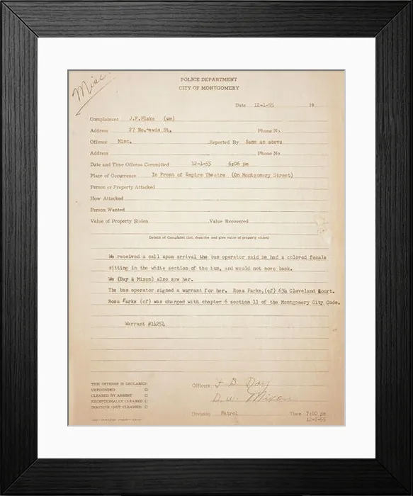 Framed Print : Rosa Parks Arrest Record, 1955 Framed Print : Rosa Parks Arrest Record, 1955