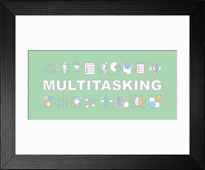 Framed Print : Multitasking word concepts banner. HR soft skills. Critical and analytical thinking. Isolated lettering typography idea with linear icons. Professiona Framed Print : Multitasking word concepts banner. HR soft skills. Critical and analytical thinking. Isolated lettering typography idea with linear icons. Professiona