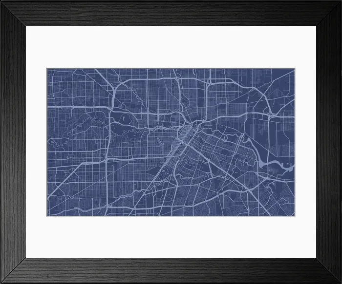 Framed Print : Dark blue Houston city area vector background map, streets and water cartography illustration. Widescreen proportion, digital flat design streetmap Framed Print : Dark blue Houston city area vector background map, streets and water cartography illustration. Widescreen proportion, digital flat design streetmap