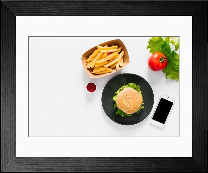 Framed Print : Flat lay burger fries plate with copyspace Framed Print : Flat lay burger fries plate with copyspace