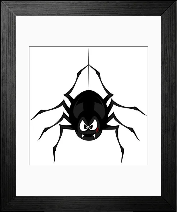 Framed Print : Funny freaky spider - a black cartoon-style spider is snarling and licking mouth with angry eyes while hanging on his thread Framed Print : Funny freaky spider - a black cartoon-style spider is snarling and licking mouth with angry eyes while hanging on his thread