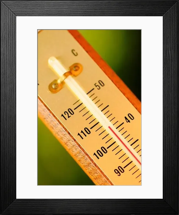 Framed Print : A thermometer showing a temperature of 106 deg F