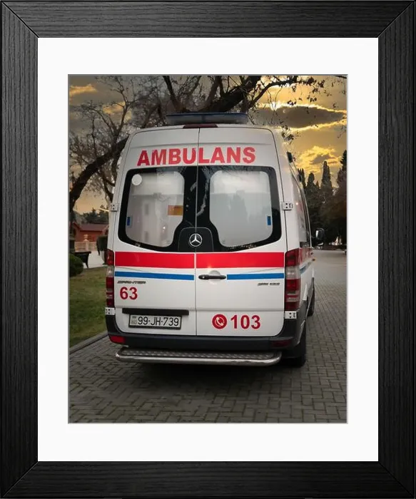 Framed Print : Baku, Azerbaijan - January 03 2022- Ambulance car parked in the city and ready to help Framed Print : Baku, Azerbaijan - January 03 2022- Ambulance car parked in the city and ready to help