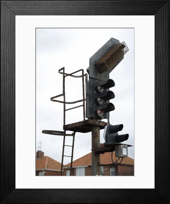 Framed Print : Old railway signals at the side of a railway line, set of traffic lights for trains Framed Print : Old railway signals at the side of a railway line, set of traffic lights for trains