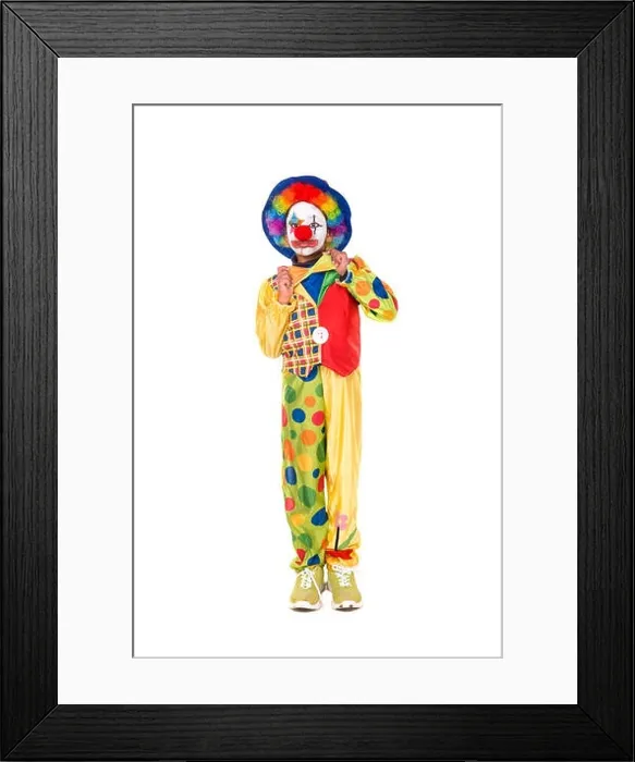 Framed Print : Young girl with clown costume isolated in white Framed Print : Young girl with clown costume isolated in white