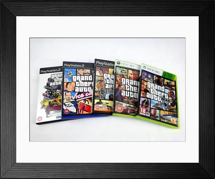 Framed Print : GTA Grand Theft Auto game series (3, vice city, san andreas, 4 and 5) on playstation xbox – Wales, UK – 31 January 2024 Framed Print : GTA Grand Theft Auto game series (3, vice city, san andreas, 4 and 5) on playstation xbox – Wales, UK – 31 January 2024