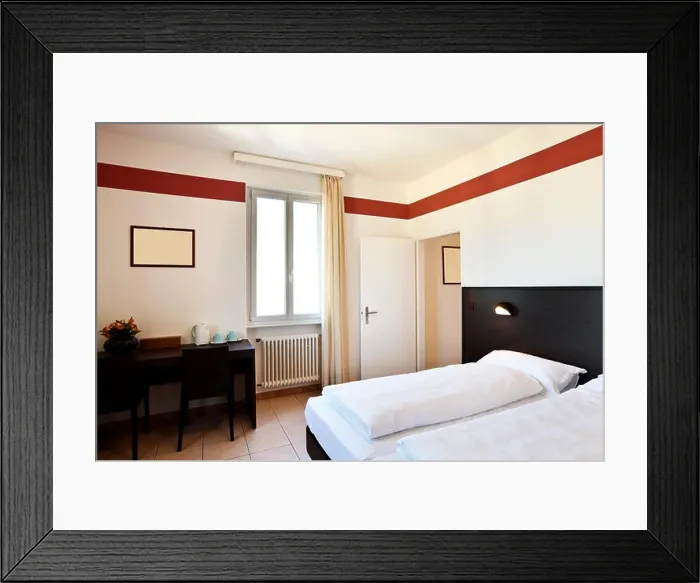 Framed Print : simple hotel room, double bed Framed Print : simple hotel room, double bed