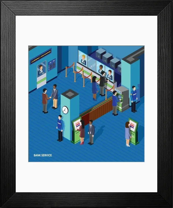 Framed Print : Bank service isometric concept with people inside bank currency exchange window atm and employees vector illustration Framed Print : Bank service isometric concept with people inside bank currency exchange window atm and employees vector illustration