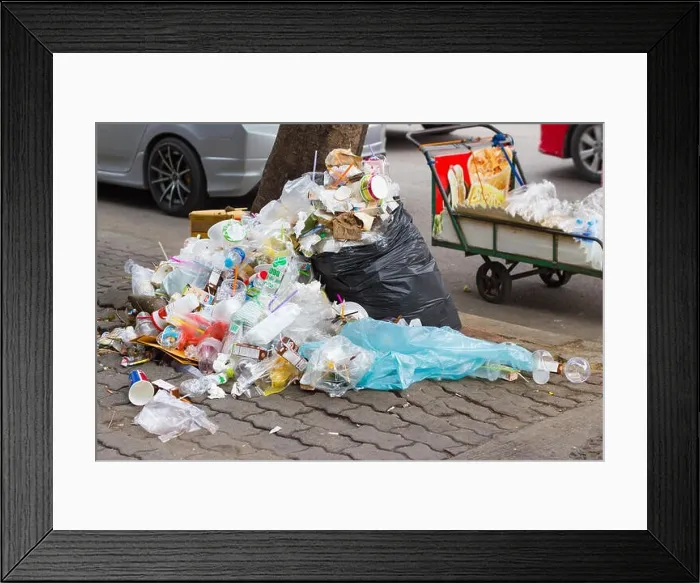 Framed Print : Bangkok province, Thailand:- January 8, 2018:- The streets of Bangkok Piles of garbage dumped along the road Framed Print : Bangkok province, Thailand:- January 8, 2018:- The streets of Bangkok Piles of garbage dumped along the road