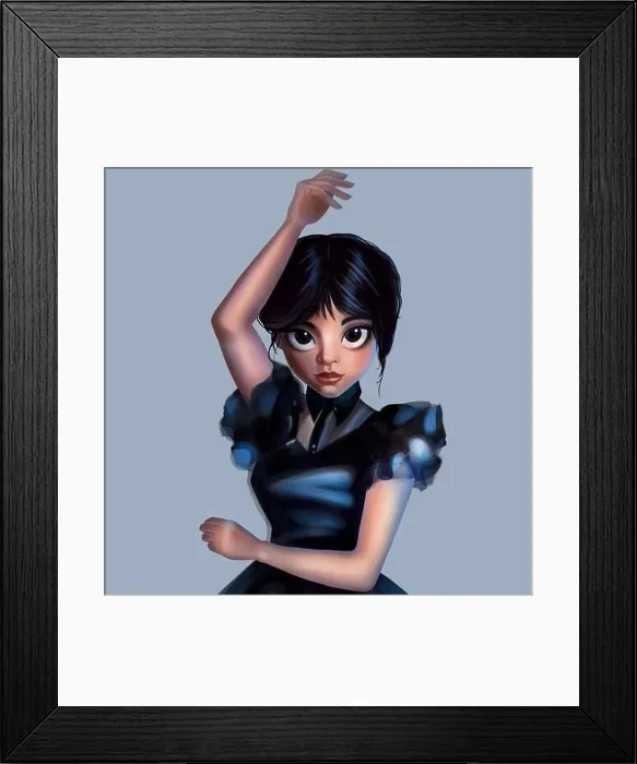 Framed Print : Wednesday Dancing. Cute goth teenager in a black dress. She is in sinister and glim mood Framed Print : Wednesday Dancing. Cute goth teenager in a black dress. She is in sinister and glim mood