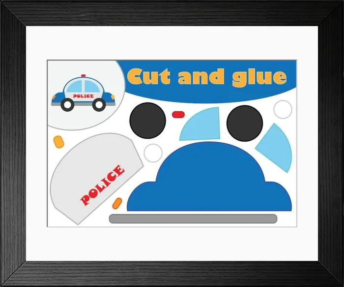 Framed Print : Police car in cartoon style, education game for the development of preschool children, use scissors and glue to create the applique, cut parts of Framed Print : Police car in cartoon style, education game for the development of preschool children, use scissors and glue to create the applique, cut parts of