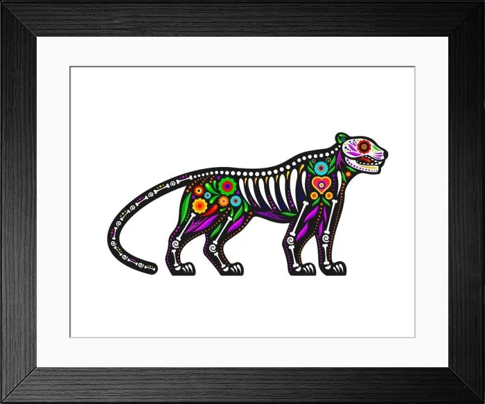 Framed Print : Mexican day of the dead jaguar animal sugar skull tattoo. Isolated vector animal skeleton figure with bones and patterns Framed Print : Mexican day of the dead jaguar animal sugar skull tattoo. Isolated vector animal skeleton figure with bones and patterns