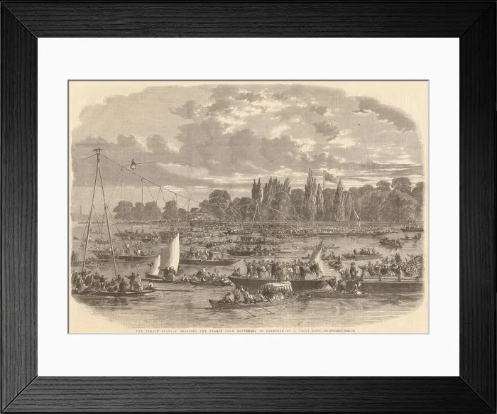 Framed Print : Selina Young crossing the Thames from Battersea to Cremorne on a tight rope 1861 Framed Print : Selina Young crossing the Thames from Battersea to Cremorne on a tight rope 1861