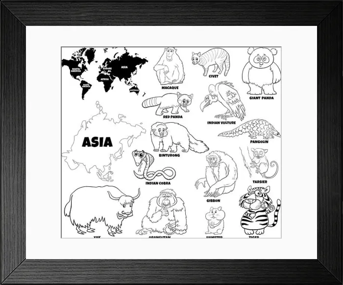 Framed Print : Black and white educational cartoon illustration of Asian animal species set and world map with continents shapes coloring book page Framed Print : Black and white educational cartoon illustration of Asian animal species set and world map with continents shapes coloring book page