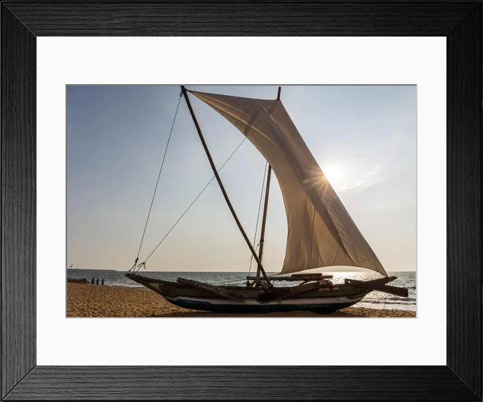 Framed Print : View of Traditional Outrigger Fishing Boat (Oruva) with Sail on Negombo Beach, Sri Lanka Framed Print : View of Traditional Outrigger Fishing Boat (Oruva) with Sail on Negombo Beach, Sri Lanka