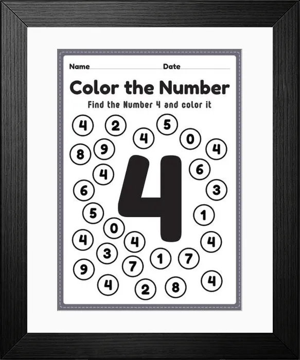 Framed Print : Kindergarten math worksheet, number 4 coloring maths activities for preschool kids to learn basic mathematics skills in a printable page Framed Print : Kindergarten math worksheet, number 4 coloring maths activities for preschool kids to learn basic mathematics skills in a printable page