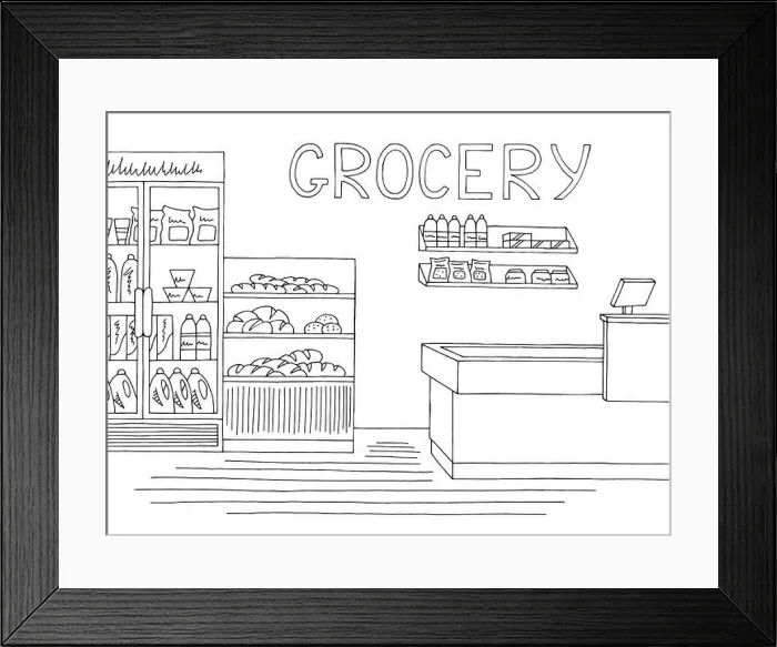 Framed Print : Grocery store shop interior black white graphic sketch illustration vector Framed Print : Grocery store shop interior black white graphic sketch illustration vector