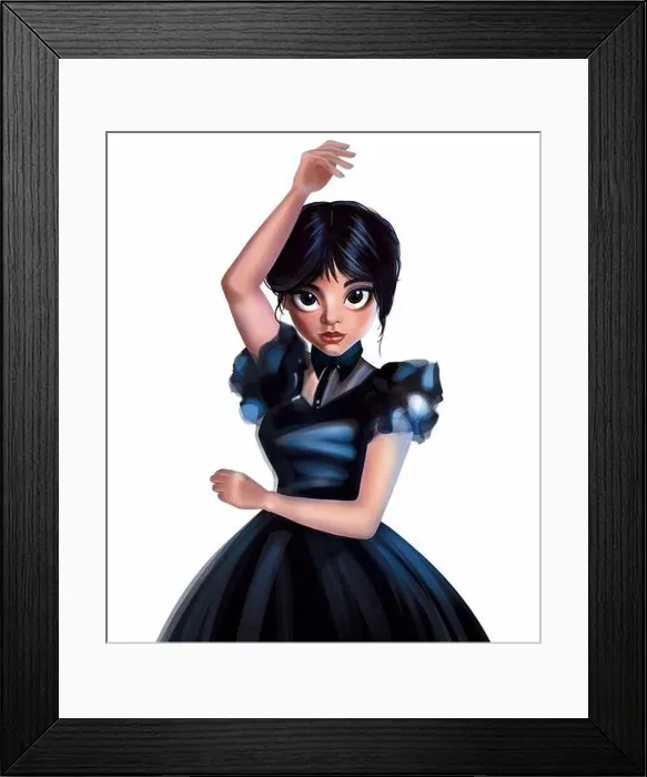 Framed Print : Wednesday Dancing. Cute goth teenager in a black dress. She is in sinister and glim mood Framed Print : Wednesday Dancing. Cute goth teenager in a black dress. She is in sinister and glim mood