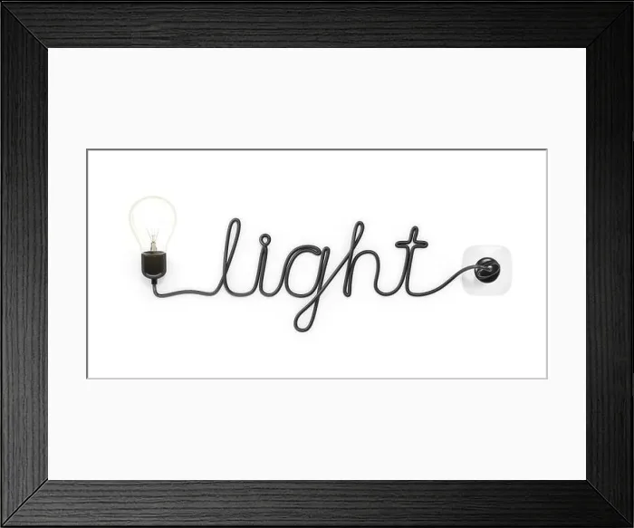 Framed Print : 3D computer graphic, word LIGHT shaped out of the power cable of a light bulb Framed Print : 3D computer graphic, word LIGHT shaped out of the power cable of a light bulb