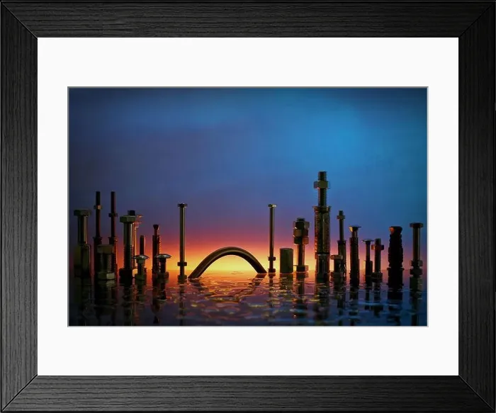 Framed Print : A closeup shot of aerospace fasteners on sunset sky background Framed Print : A closeup shot of aerospace fasteners on sunset sky background