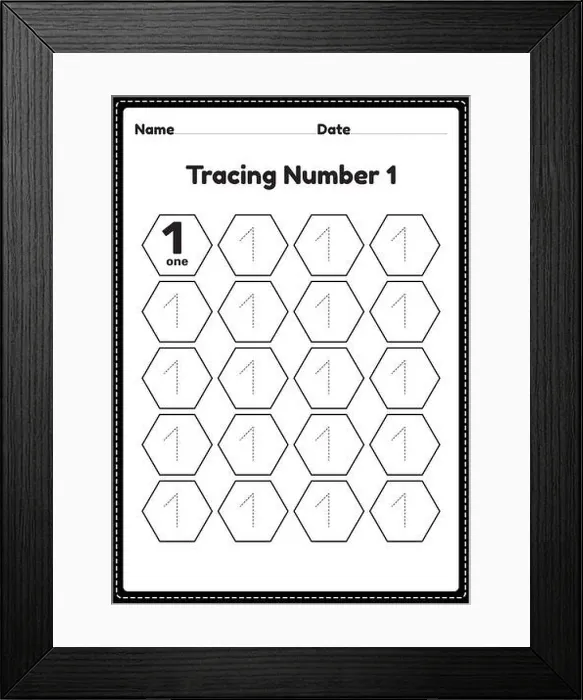 Framed Print : Tracing number 1 worksheet for kindergarten and preschool kids for educational practice in a printable page