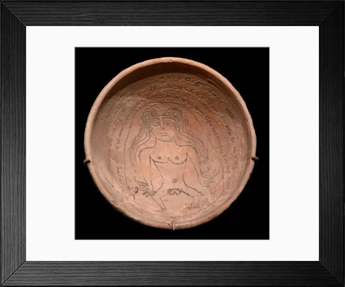 Framed Print : Magic bowl with an incantation text in Judeo-Aramaic and an image of the demon Lilith, 5th-6th centu Framed Print : Magic bowl with an incantation text in Judeo-Aramaic and an image of the demon Lilith, 5th-6th centu