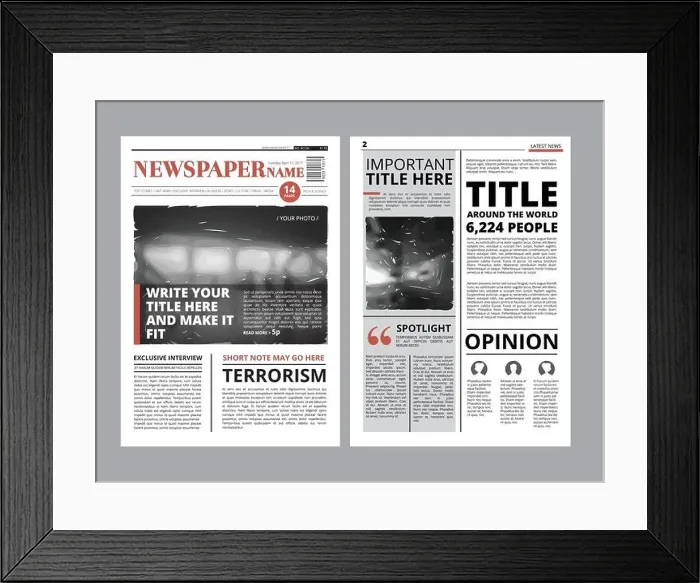 Framed Print : Newspaper front page with several columns and photos. Vector magazine cover. Layout design project Framed Print : Newspaper front page with several columns and photos. Vector magazine cover. Layout design project