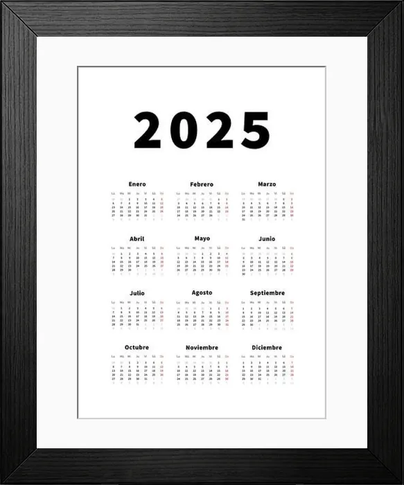 Framed Print : 2025 year simple vertical calendar in spanish language, typographic calendar on white Framed Print : 2025 year simple vertical calendar in spanish language, typographic calendar on white
