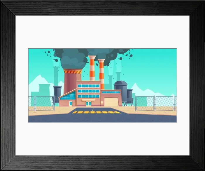 Framed Print : Factory building with black smoke from chimneys. Air pollution by industry production. Vector cartoon landscape with coal power plant or chemical