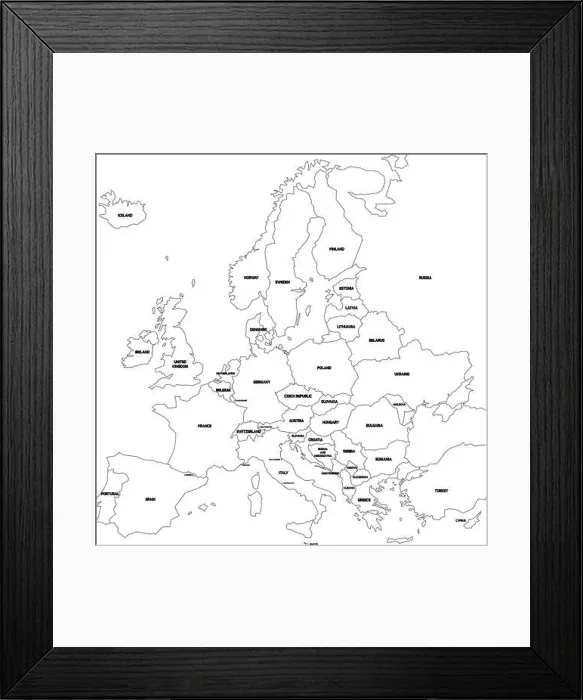 Framed Print : Vector outline map of Europe. Simplified vector map made of black state contours on white background with black Europe countries labels Framed Print : Vector outline map of Europe. Simplified vector map made of black state contours on white background with black Europe countries labels