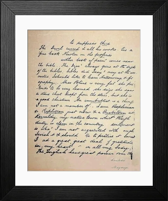 Framed Print : Two pages from Marjory Fleming's journal with underlined corrections & a Careless Marjory comment by Isa Keith her friend Framed Print : Two pages from Marjory Fleming's journal with underlined corrections & a Careless Marjory comment by Isa Keith her friend