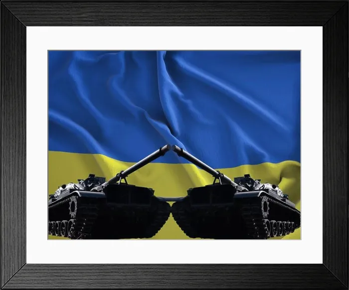 Framed Print : DCIM100MEDIADJI 0865.JPGRussia Ukraine conflict. tanks on the flags of Russia and Ukraine in the background Framed Print : DCIM100MEDIADJI 0865.JPGRussia Ukraine conflict. tanks on the flags of Russia and Ukraine in the background