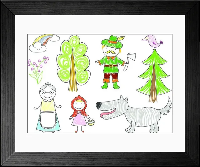 Framed Print : Vector sketches with characters of Little red riding hood fairy-tale - wolf, grandmother, girl and woodcutter. Kid drawing in doodle style Framed Print : Vector sketches with characters of Little red riding hood fairy-tale - wolf, grandmother, girl and woodcutter. Kid drawing in doodle style