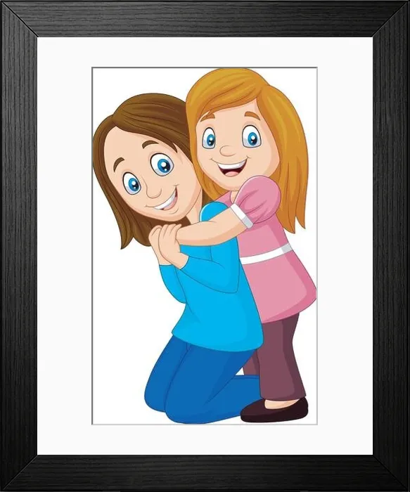 Framed Print : Cartoon happy girl hugging her mother Framed Print : Cartoon happy girl hugging her mother