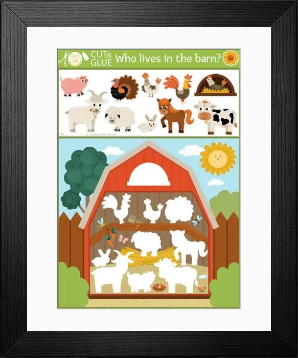 Framed Print : Vector on the farm cut and glue activity. Crafting game with cute farm animals and birds in the barn. Fun printable worksheet. Find right piece of Framed Print : Vector on the farm cut and glue activity. Crafting game with cute farm animals and birds in the barn. Fun printable worksheet. Find right piece of