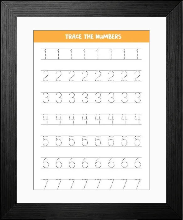 Framed Print : Trace numbers 1-7. Handwriting practice for preschool kids Framed Print : Trace numbers 1-7. Handwriting practice for preschool kids