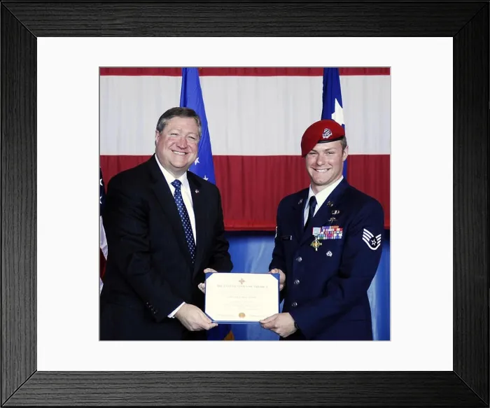 Framed Print : Secretary of the Air Force Michael B. Donley presents Staff Sgt. Zachary Rhyner the Air Force Cross March 10 at Pope Air Force Base, N.C Framed Print : Secretary of the Air Force Michael B. Donley presents Staff Sgt. Zachary Rhyner the Air Force Cross March 10 at Pope Air Force Base, N.C