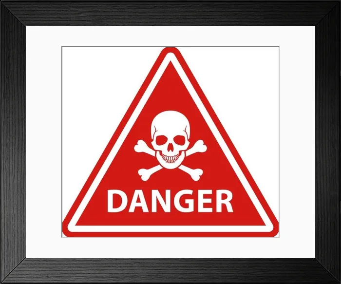 Framed Print : Red danger road sign with skull and crossbones with white frame warning symbol vector illustration Framed Print : Red danger road sign with skull and crossbones with white frame warning symbol vector illustration