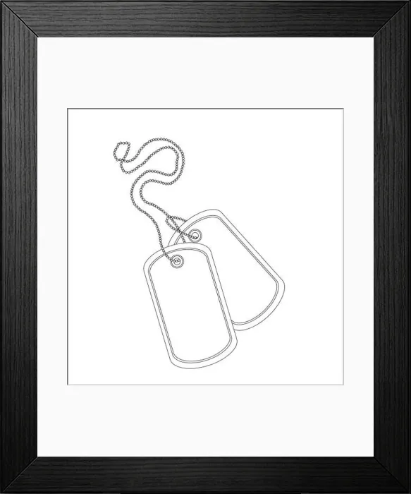 Framed Print : Vector illustration military blank identity tag outline drawing thin line. Pair of dog tag on chain Framed Print : Vector illustration military blank identity tag outline drawing thin line. Pair of dog tag on chain