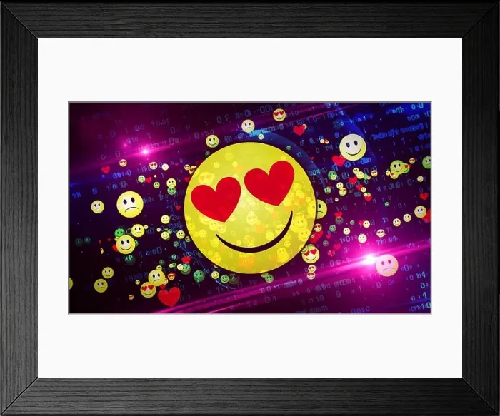 Framed Print : Emoji icon abstract background. Smile, love, sad emoticon symbols 3d illustration. Abstract concept digital background of chat and social media commun Framed Print : Emoji icon abstract background. Smile, love, sad emoticon symbols 3d illustration. Abstract concept digital background of chat and social media commun