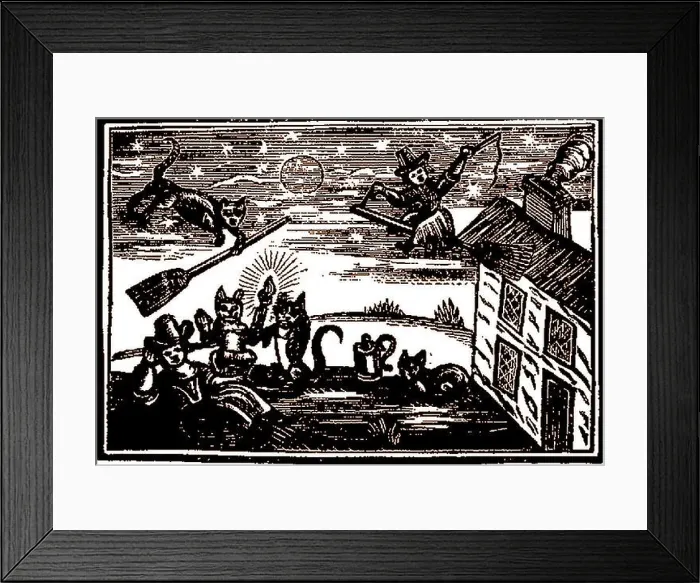 Framed Print : WITCHCRAFT - An 18th century woodcut engraving - A witch riding her broomstick whilst another below is surrounded by her familiars Framed Print : WITCHCRAFT - An 18th century woodcut engraving - A witch riding her broomstick whilst another below is surrounded by her familiars