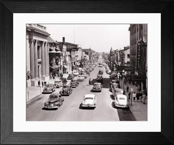 Framed Print : 1950s AUTOMOBILES AND PEDESTRIANS ON BUSY COMMERCIAL MAIN STREET IN NORRISTOWN PENNSYLVANIA USA - r5137 HAR001 HARS PERSONS SCENIC SHOPS UNITED